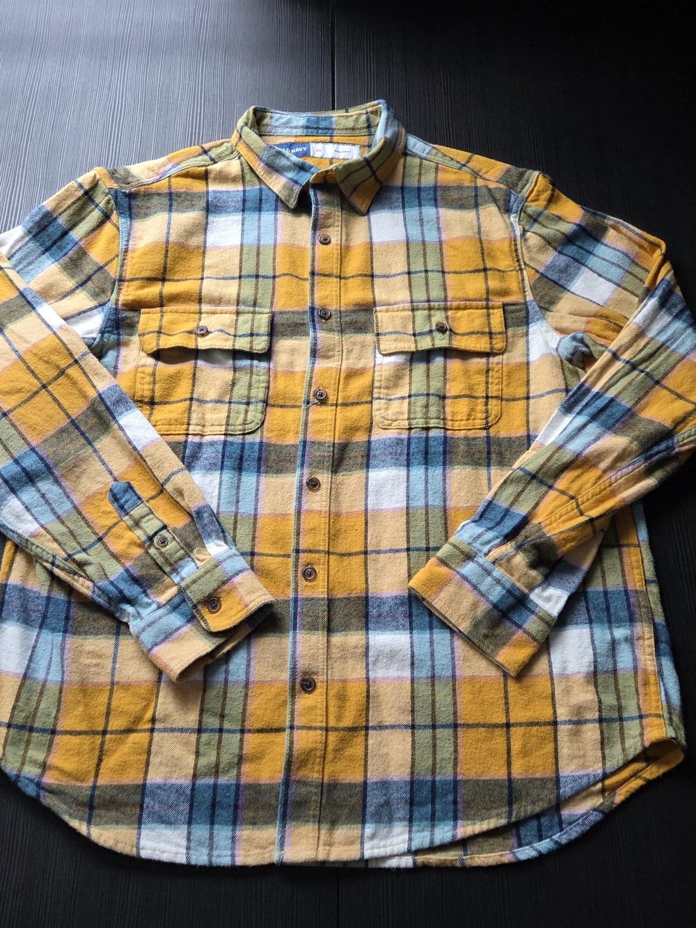 Old Navy Mens Flannel Shirt Long Sleeve Button Up Shirt Yellow Plaid Size XL